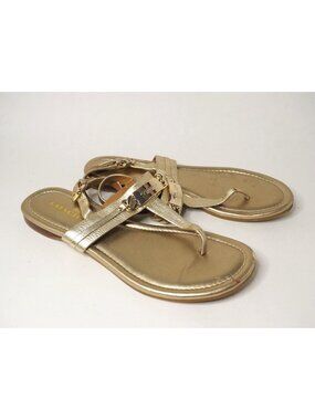 Coach Caterine Gold Leather T-Strap Ankle Strap Flats Sandals, Size 6 | 36